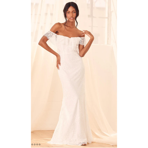 Lulus Cherished Forever White Off-the-Shoulder Lace Maxi Dress Size L - Picture 9 of 13